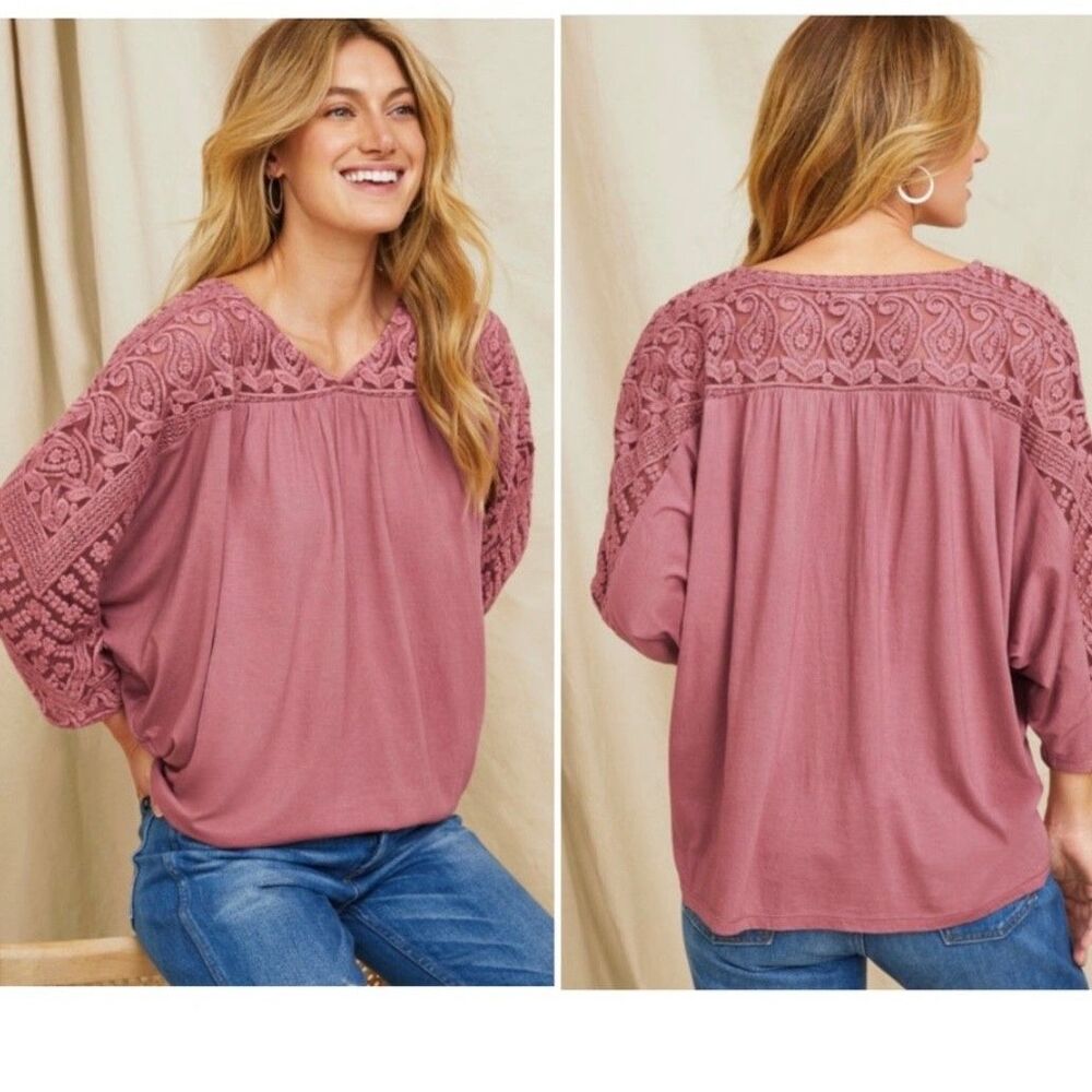 Garnet Hill Mauve Pink Lace-Yoke Dolman Tunic